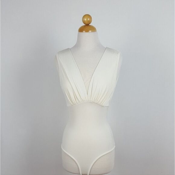 White V-Neck Bodysuit with a Beautiful Back Neckline Women's Top Blouse By Privy - Picture 1 of 6